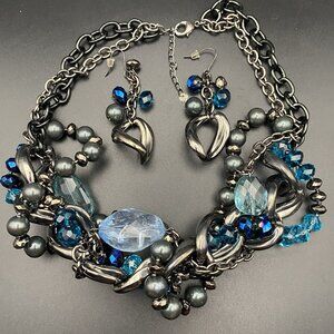 Blue Gunmetal Choker Earring Set Statement Torsade Beads Curb Chain Drop Pierced